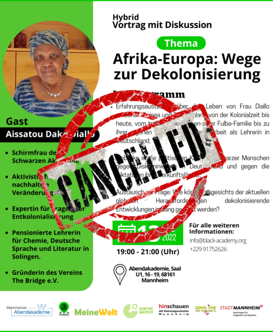 Cancellation and postponement to a later date of the conference debate on the theme Africa-Europe: The ways of decolonization with Aissatou Diallo